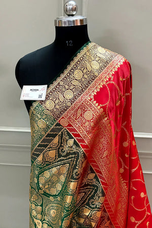 Red and Bottle Green Zari Katan Silk Banarasi Saree