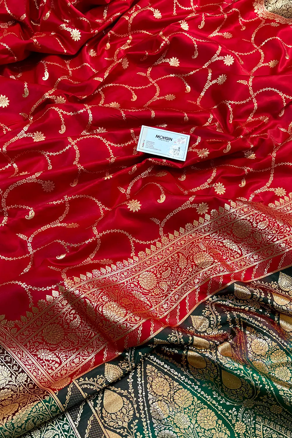 Red and Bottle Green Zari Katan Silk Banarasi Saree