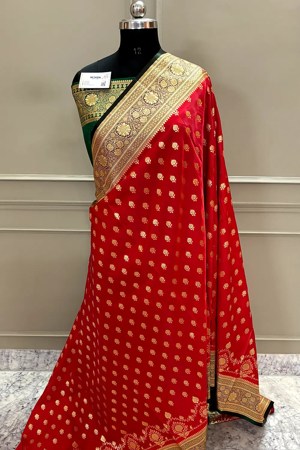 Red and Bottle Green Zari Katan Silk Banarasi Saree