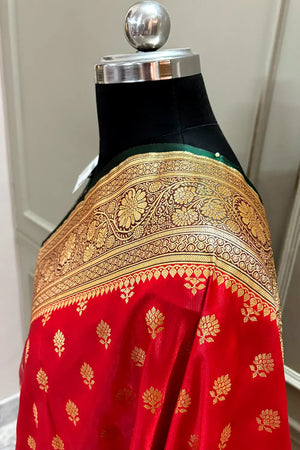 Red and Bottle Green Zari Katan Silk Banarasi Saree