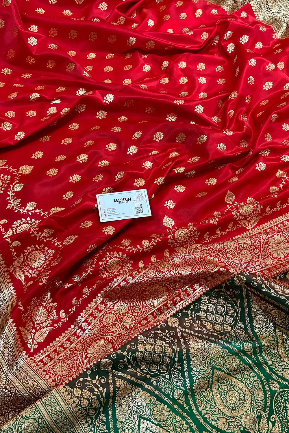 Red and Bottle Green Zari Katan Silk Banarasi Saree