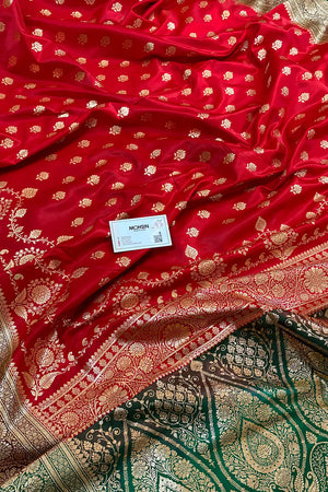 Red and Bottle Green Zari Katan Silk Banarasi Saree