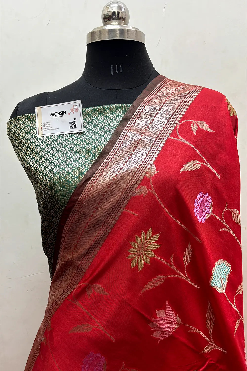 Red and Bottle Green Zari Katan Silk Banarasi Saree