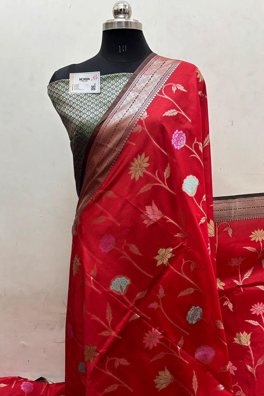 Red and Bottle Green Zari Katan Silk Banarasi Saree
