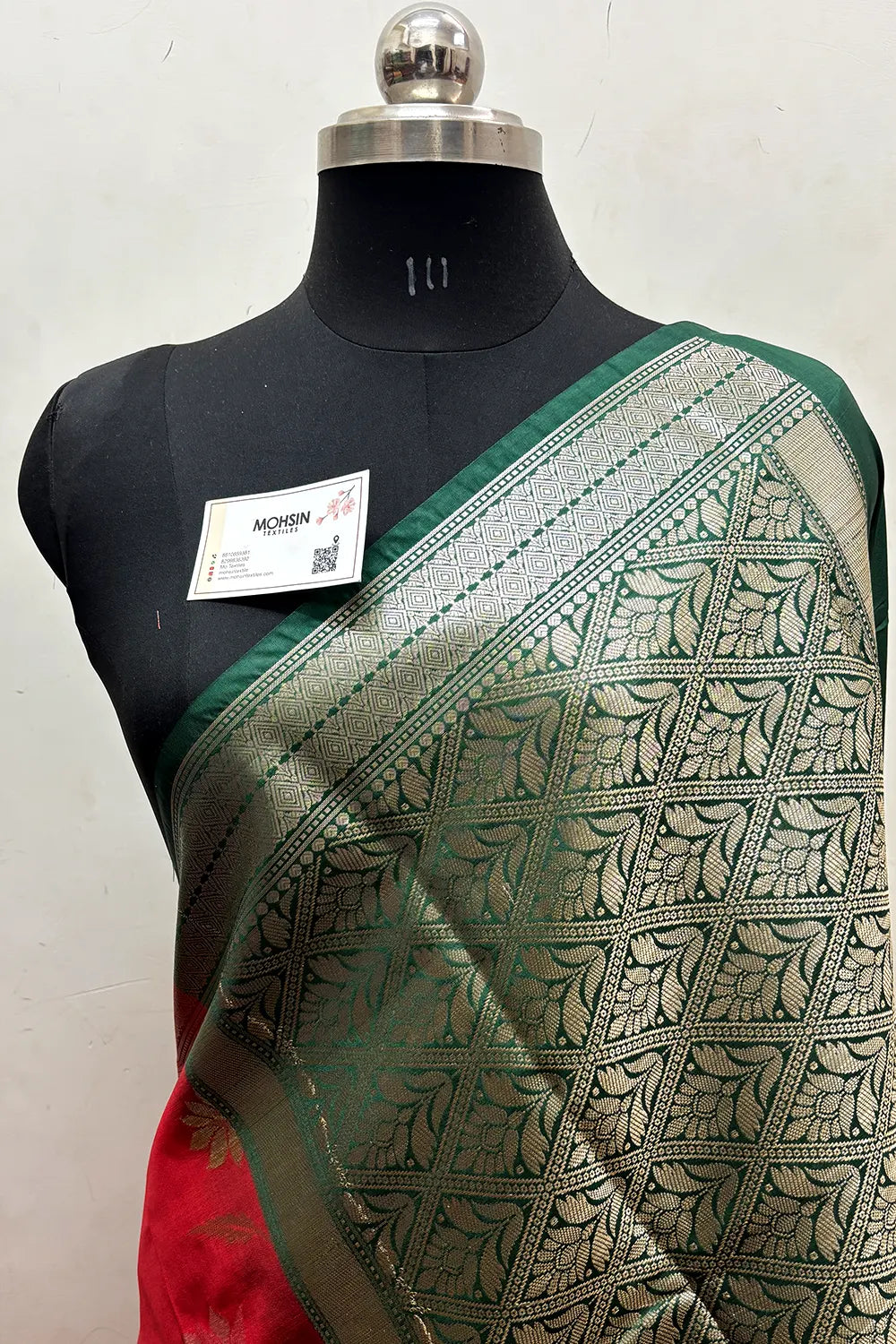 Red and Bottle Green Zari Katan Silk Banarasi Saree