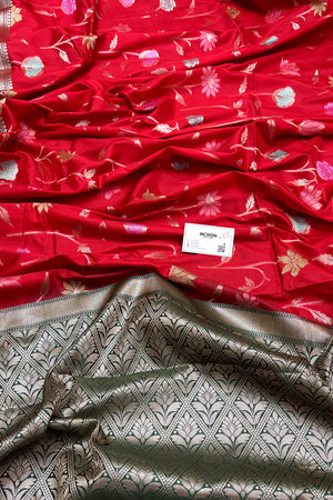 Red and Bottle Green Zari Katan Silk Banarasi Saree