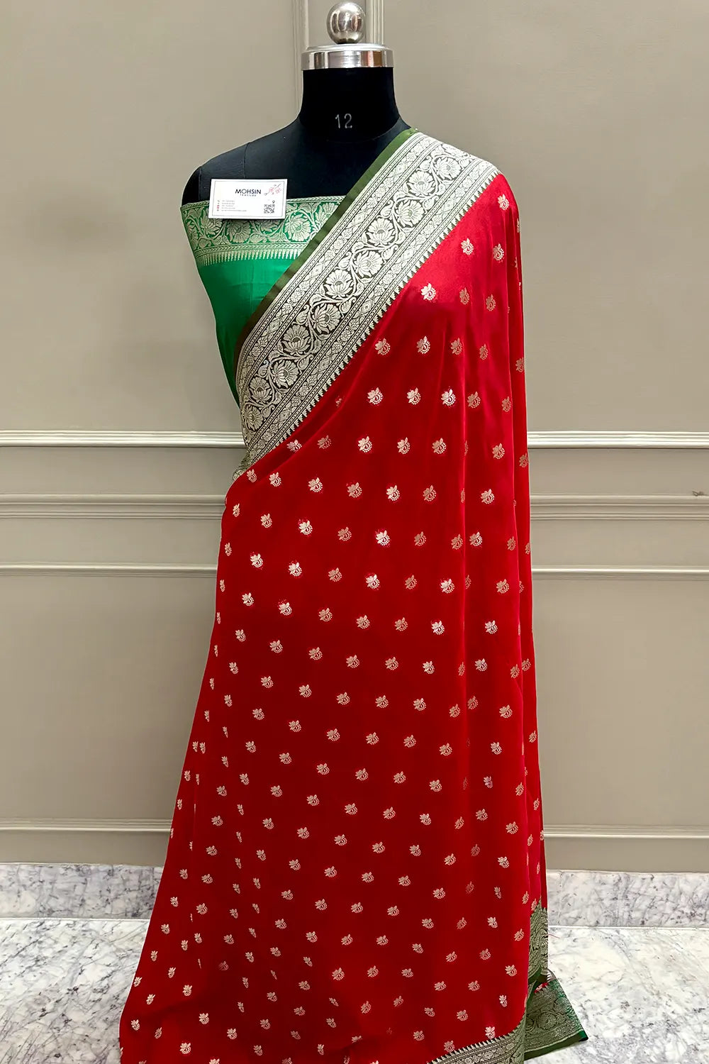 Red and Green Ghonga Buti Katan Silk Banarasi Saree
