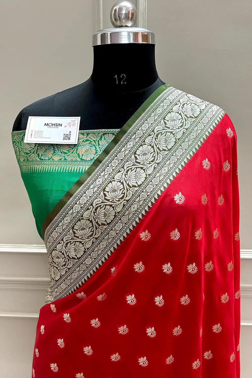 Red and Green Ghonga Buti Katan Silk Banarasi Saree – Mohsin Textiles