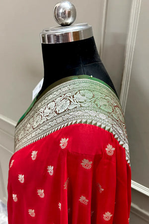 Red and Green Ghonga Buti Katan Silk Banarasi Saree