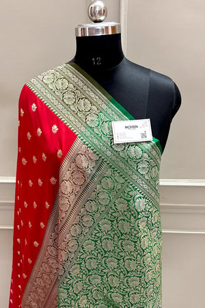 Red and Green Ghonga Buti Katan Silk Banarasi Saree