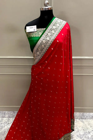 Red and Green Zari Katan Mashru Silk Banarasi Saree