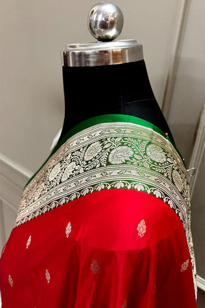 Red and Green Zari Katan Mashru Silk Banarasi Saree