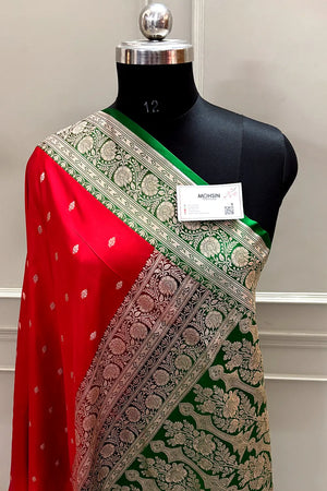 Red and Green Zari Katan Mashru Silk Banarasi Saree