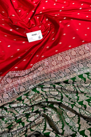 Red and Green Zari Katan Mashru Silk Banarasi Saree