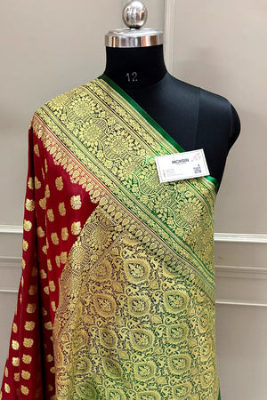 Red and Green Zari Satin Silk Banarasi Saree