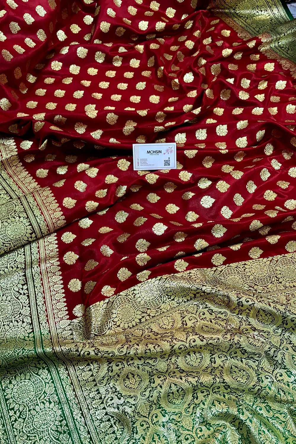 Red and Green Zari Satin Silk Banarasi Saree