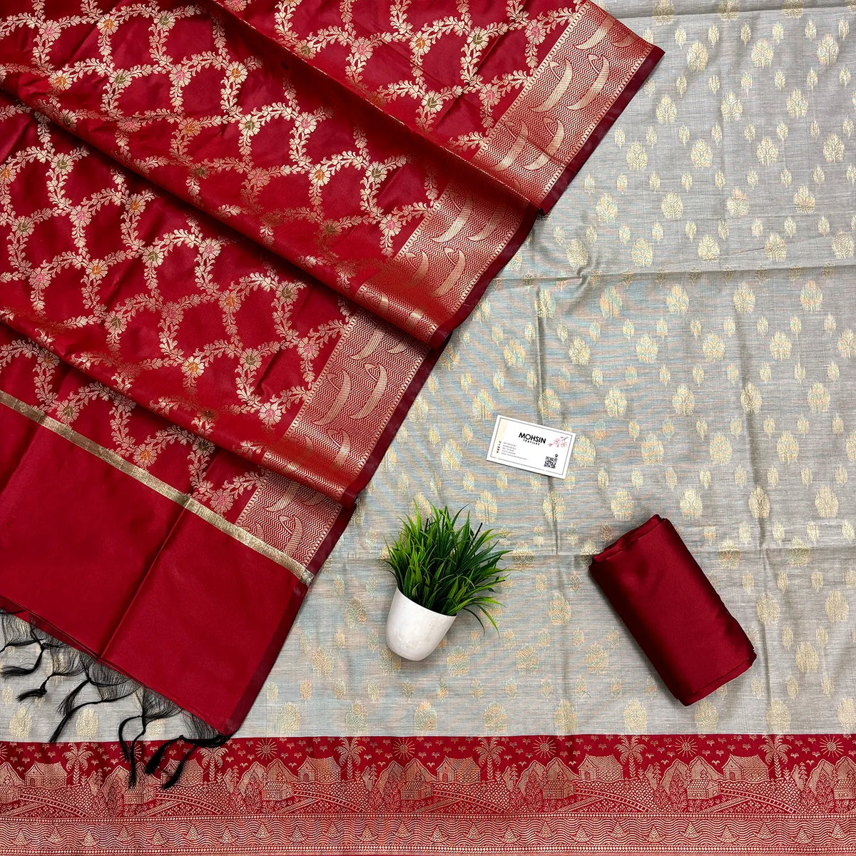 Red and Grey Nai Basti Banarasi Silk Suit