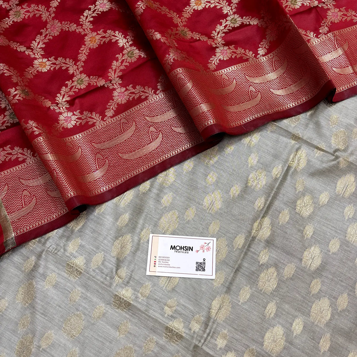 Red and Grey Nai Basti Banarasi Silk Suit