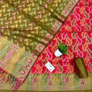 Red and Mehendi Resham Banarasi Silk Suit 