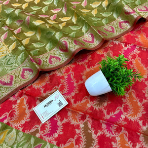 Red and Mehendi Resham Banarasi Silk Suit 