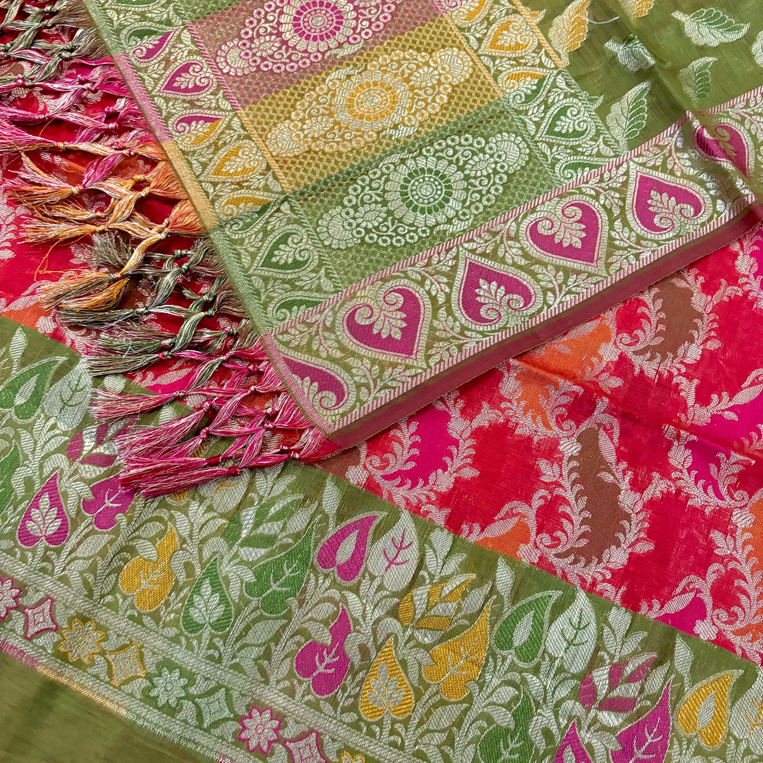 Red and Mehendi Resham Banarasi Silk Suit 