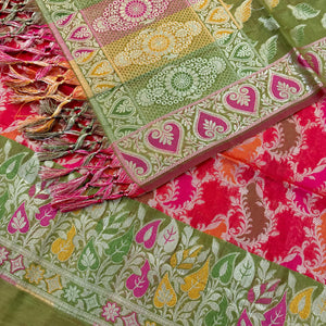 Red and Mehendi Resham Banarasi Silk Suit 