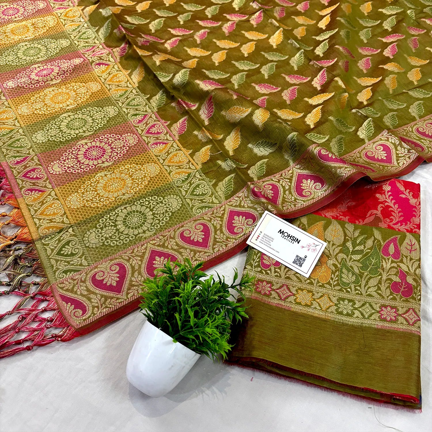 Red and Mehendi Resham Banarasi Silk Suit 