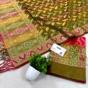 Red and Mehendi Resham Banarasi Silk Suit 