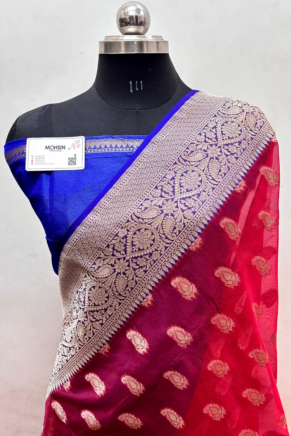 Red and Royal Blue Organza Silk Banarasi Saree