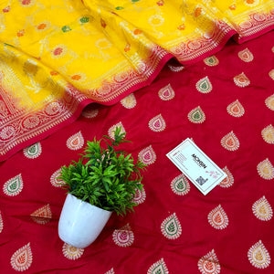 Red and Yellow Zari Katan Silk Banarasi Suit