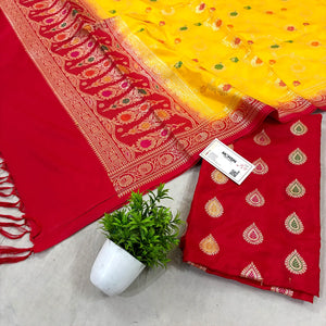 Red and Yellow Zari Katan Silk Banarasi Suit
