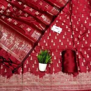 Red Assi Ghat Aarti Semi Katan Silk Banarasi Suit