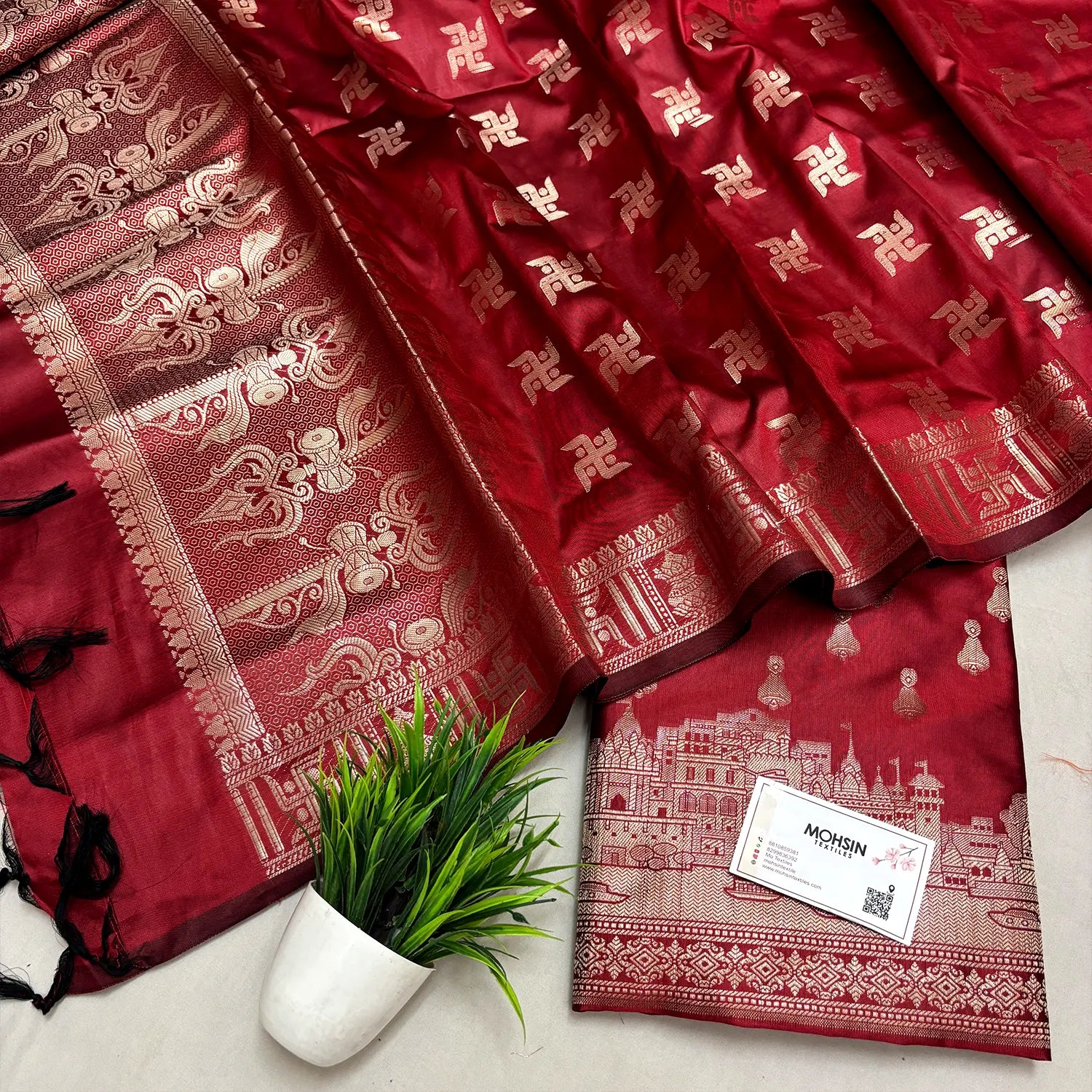 Red Assi Ghat Aarti Semi Katan Silk Banarasi Suit