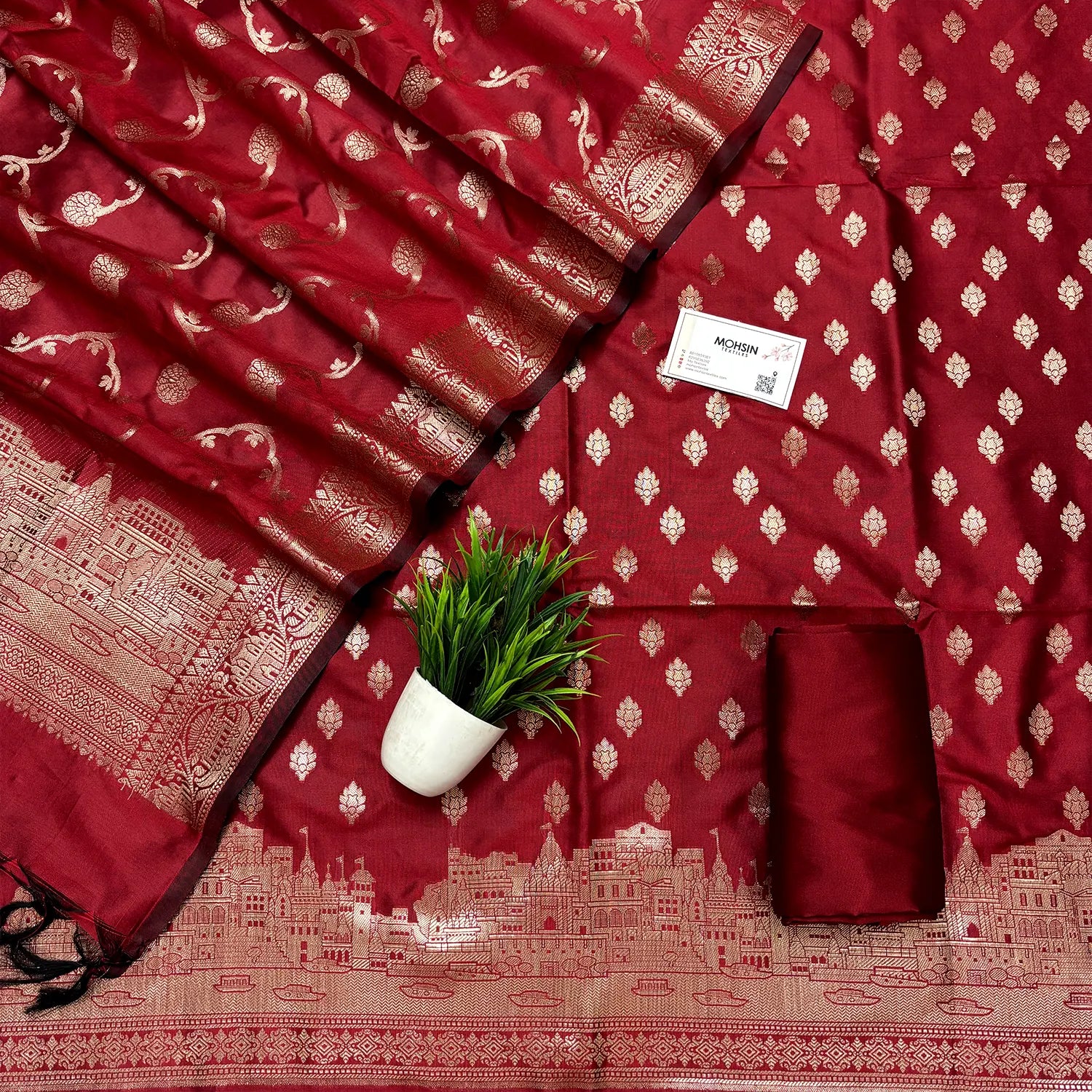 Red Assi Ghat Mandir Semi Katan Silk Banarasi Suit