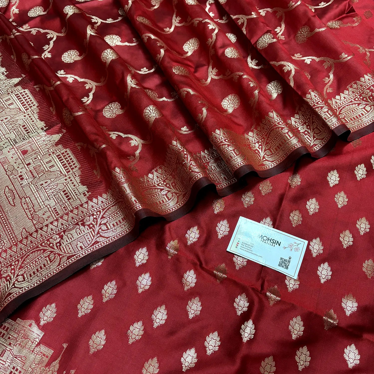 Red Assi Ghat Mandir Semi Katan Silk Banarasi Suit