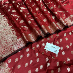 Red Assi Ghat Mandir Semi Katan Silk Banarasi Suit