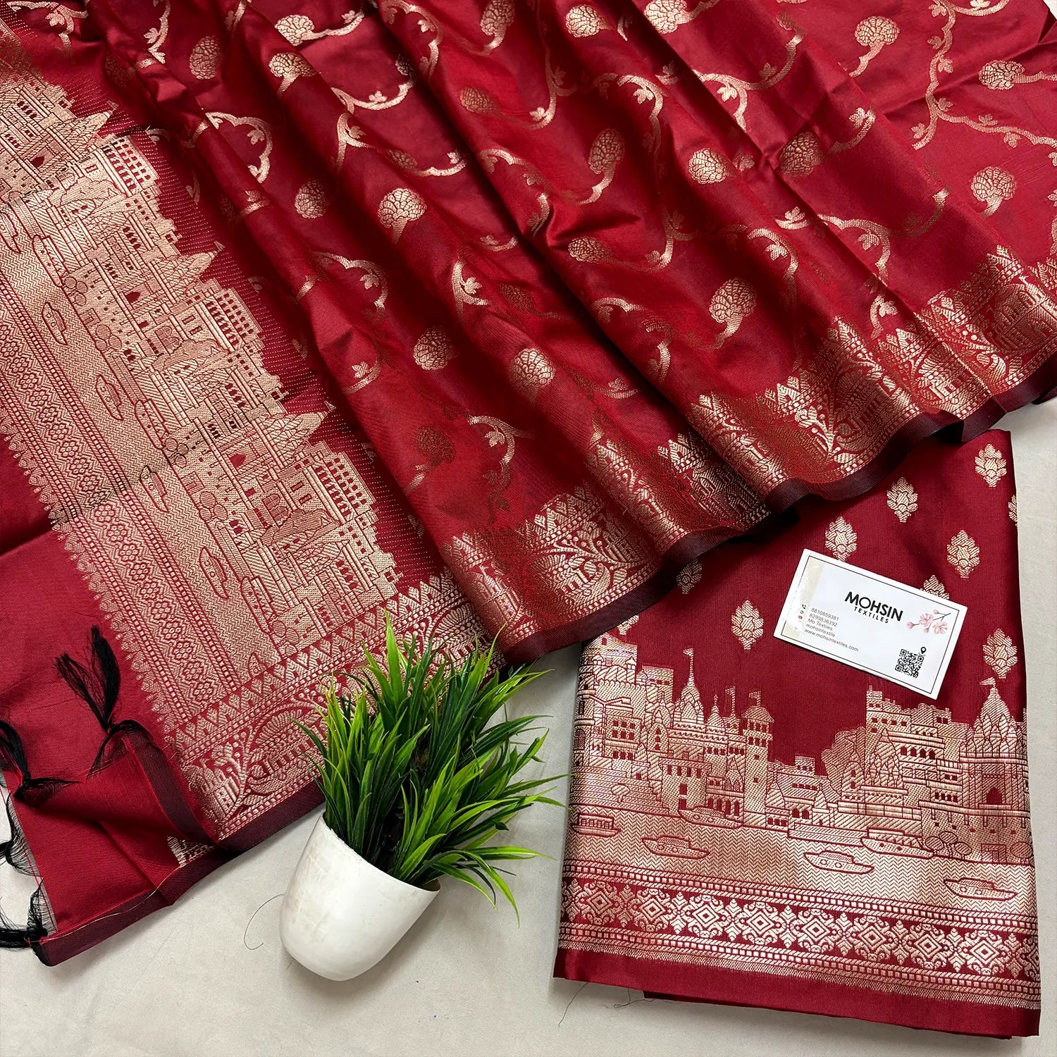 Red Assi Ghat Mandir Semi Katan Silk Banarasi Suit