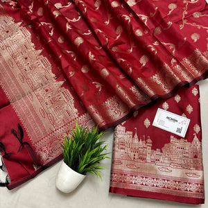 Red Assi Ghat Mandir Semi Katan Silk Banarasi Suit