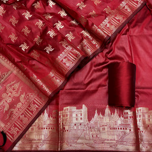 Red Assi Ghat Plain Semi Katan Silk Banarasi Suit