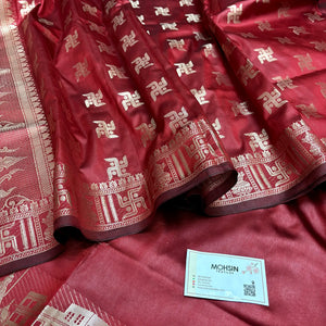 Red Assi Ghat Plain Semi Katan Silk Banarasi Suit