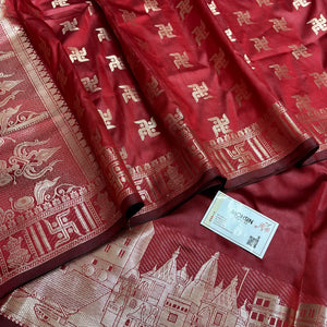 Red Assi Ghat Plain Semi Katan Silk Banarasi Suit