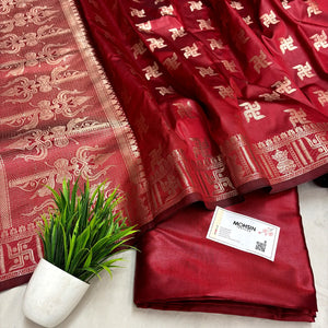 Red Assi Ghat Plain Semi Katan Silk Banarasi Suit