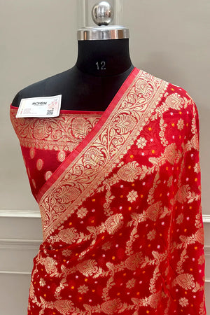 Red Bandehj Georgette Silk Banarasi Saree