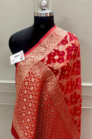 Red Bandehj Georgette Silk Banarasi Saree