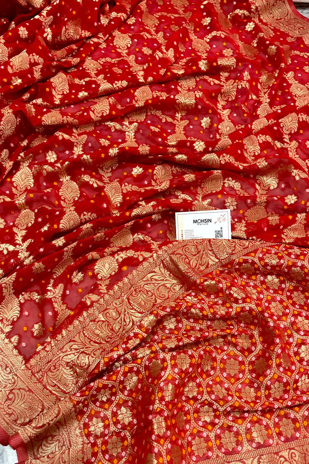 Red Bandehj Georgette Silk Banarasi Saree