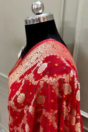 Red Bandhej Georgette Silk Banarasi Saree