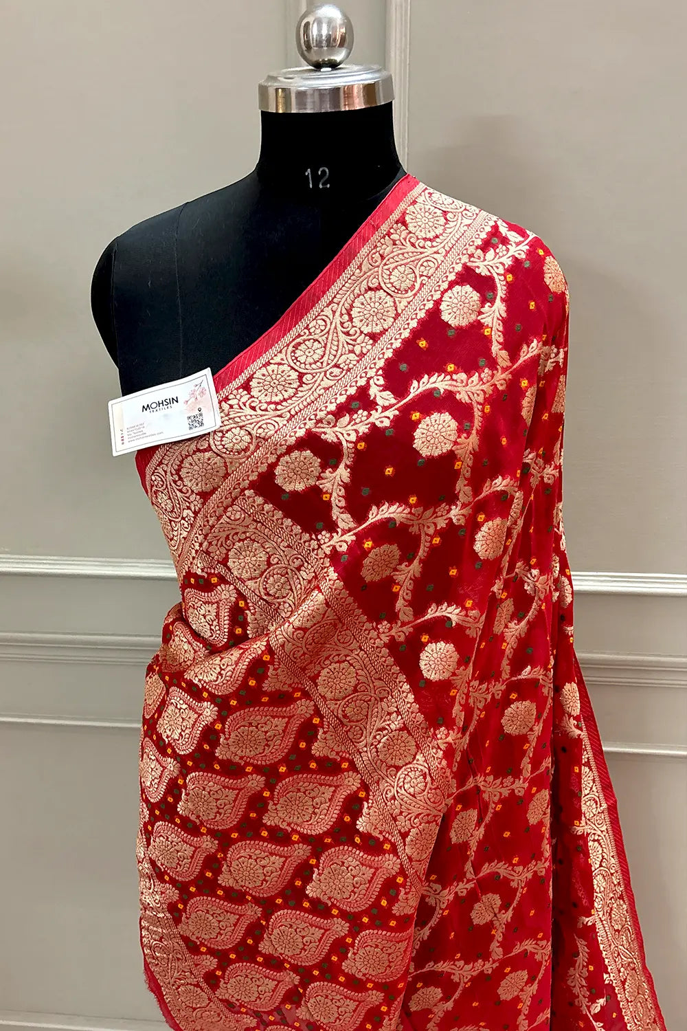 Red Bandhej Georgette Silk Banarasi Saree