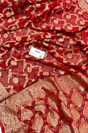 Red Bandhej Georgette Silk Banarasi Saree