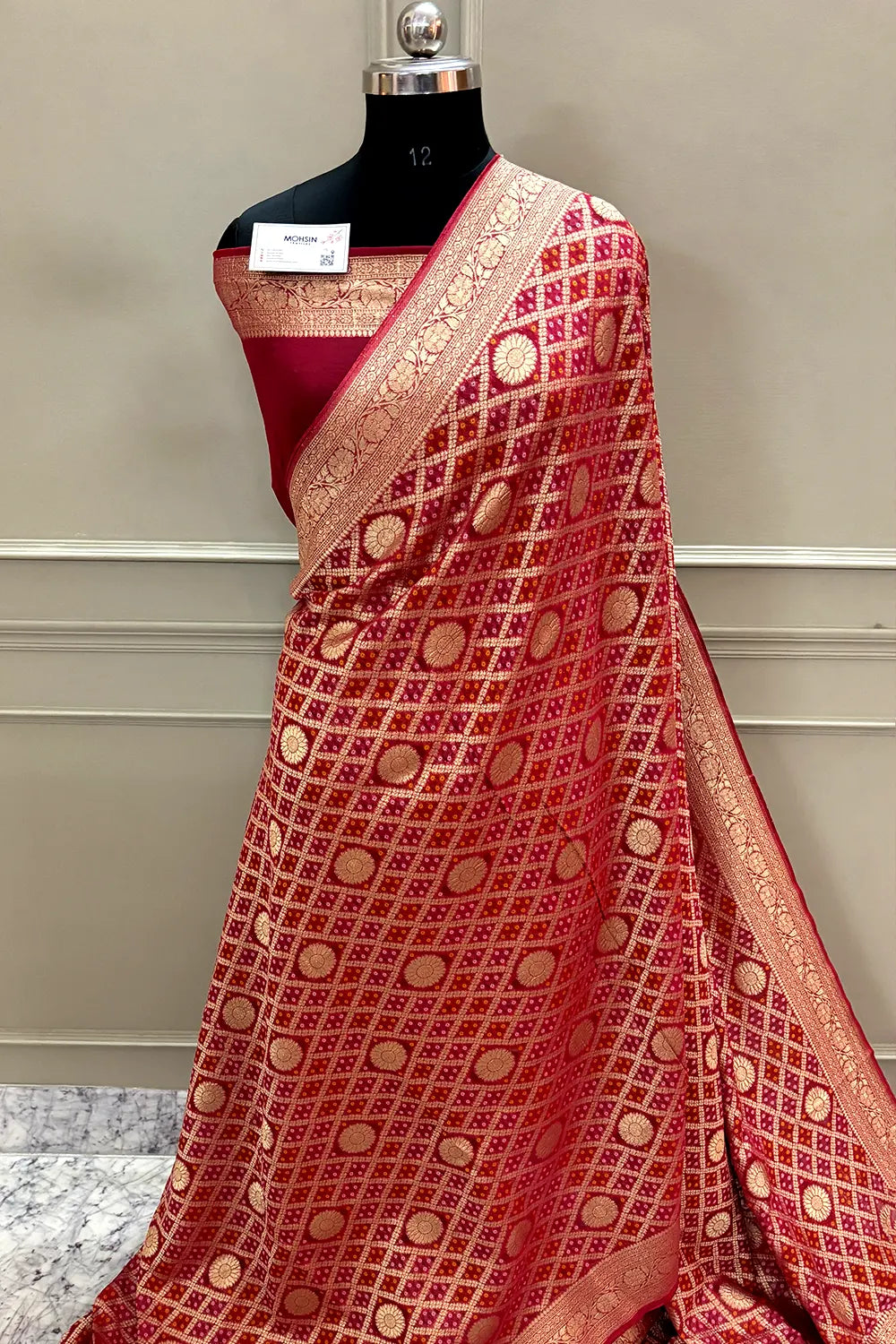 Red Bandhej Georgette Silk Banarasi Saree