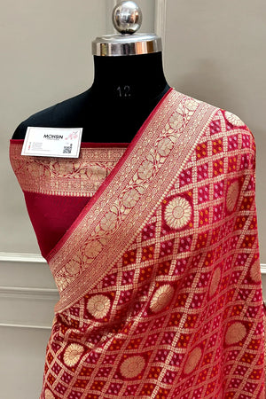 Red Bandhej Georgette Silk Banarasi Saree